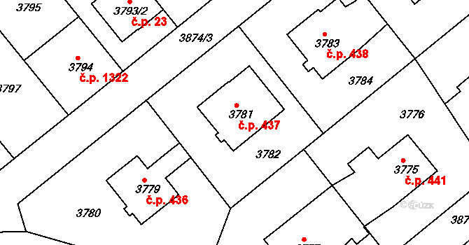 Modřany 437, Praha na parcele st. 3781 v KÚ Modřany, Katastrální mapa