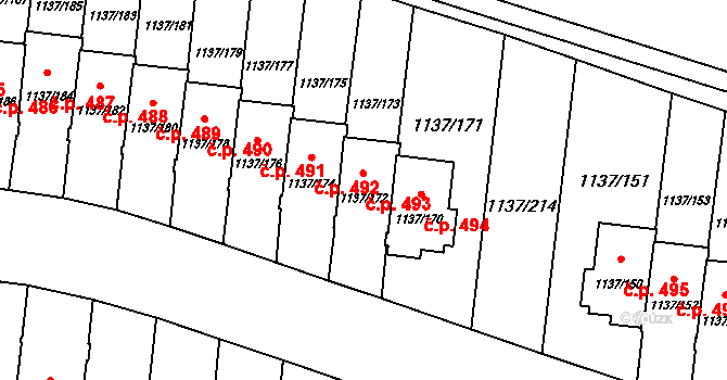 Čimice 493, Praha na parcele st. 1137/172 v KÚ Čimice, Katastrální mapa