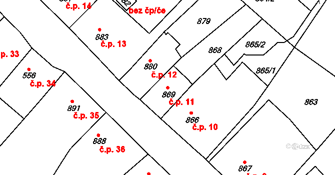 Hodkovice nad Mohelkou 11 na parcele st. 869 v KÚ Hodkovice nad Mohelkou, Katastrální mapa
