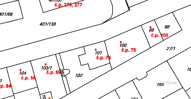 Újezdské Předměstí 74, Bílina na parcele st. 101 v KÚ Bílina-Újezd, Katastrální mapa