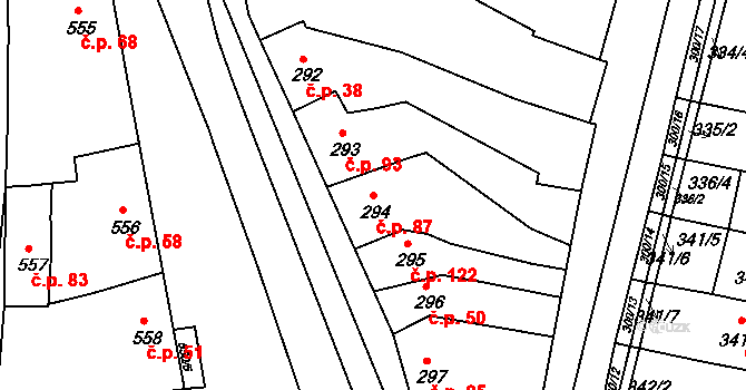 Blažovice 87 na parcele st. 294 v KÚ Blažovice, Katastrální mapa