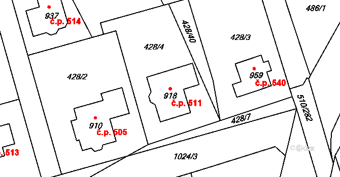 Sendražice 511, Kolín na parcele st. 918 v KÚ Sendražice u Kolína, Katastrální mapa