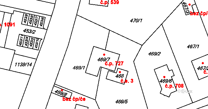 Vejprnice 727 na parcele st. 469/7 v KÚ Vejprnice, Katastrální mapa