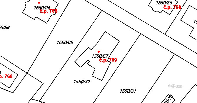 Miřetice u Klášterce nad Ohří 759, Klášterec nad Ohří na parcele st. 1550/67 v KÚ Miřetice u Klášterce nad Ohří, Katastrální mapa