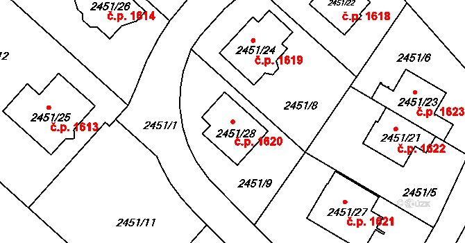 Kuřim 1620 na parcele st. 2451/28 v KÚ Kuřim, Katastrální mapa