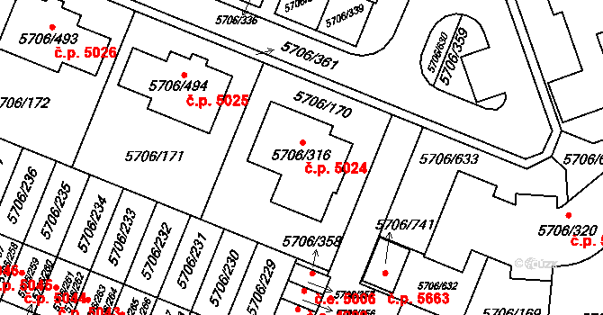 Jihlava 5024 na parcele st. 5706/316 v KÚ Jihlava, Katastrální mapa
