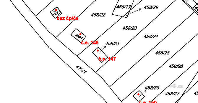 Svinařov 147 na parcele st. 458/31 v KÚ Svinařov u Kladna, Katastrální mapa