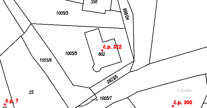 Ledce 322 na parcele st. 602 v KÚ Ledce u Plzně, Katastrální mapa