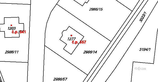 Toužim 557 na parcele st. 1277 v KÚ Toužim, Katastrální mapa