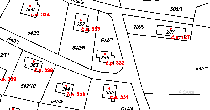 Kaliště 332 na parcele st. 358 v KÚ Kaliště u Ondřejova, Katastrální mapa
