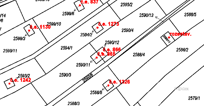 Žebětín 866, Brno na parcele st. 2590/12 v KÚ Žebětín, Katastrální mapa