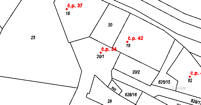 Cerhonice 34 na parcele st. 20/1 v KÚ Cerhonice, Katastrální mapa