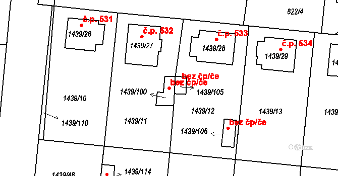Březnice 38616441 na parcele st. 1439/100 v KÚ Březnice, Katastrální mapa