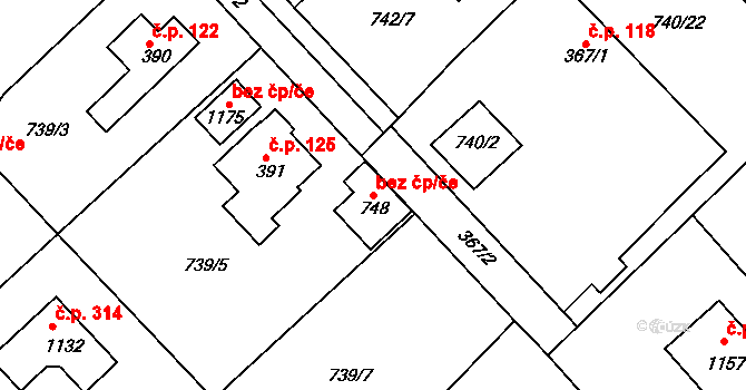Měchenice 39600441 na parcele st. 748 v KÚ Měchenice, Katastrální mapa
