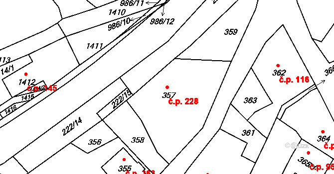 Štípa 228, Zlín na parcele st. 357 v KÚ Štípa, Katastrální mapa