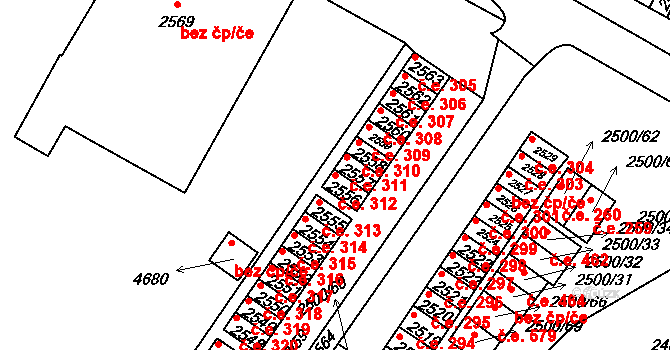 Hustopeče 312 na parcele st. 2556 v KÚ Hustopeče u Brna, Katastrální mapa