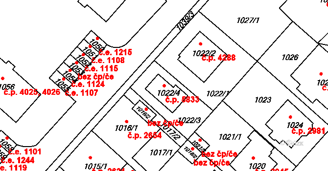 Chomutov 5833 na parcele st. 1022/4 v KÚ Chomutov II, Katastrální mapa