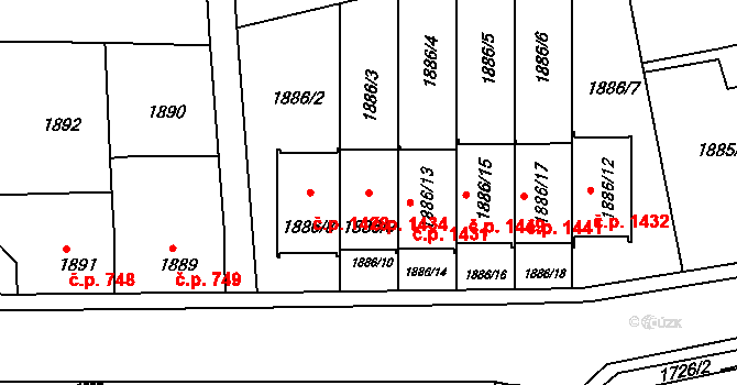 Třešť 1434 na parcele st. 1886/9 v KÚ Třešť, Katastrální mapa
