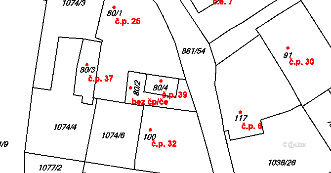 Chalupy 39, Zemětice na parcele st. 80/4 v KÚ Zemětice, Katastrální mapa