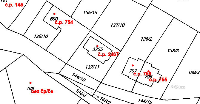 Říčany 2467 na parcele st. 3755 v KÚ Říčany u Prahy, Katastrální mapa