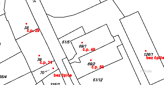 Kunčí 49, Slatiňany na parcele st. 69/1 v KÚ Kunčí, Katastrální mapa