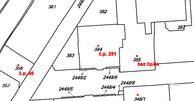 Jeseník 281 na parcele st. 384 v KÚ Jeseník, Katastrální mapa