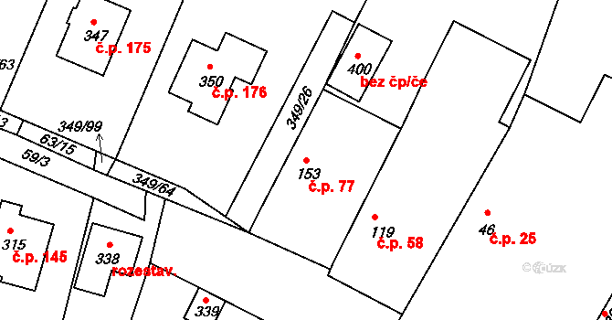 Jestřabí Lhota 77 na parcele st. 153 v KÚ Jestřabí Lhota, Katastrální mapa