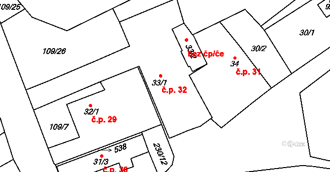 Býkev 32 na parcele st. 33/1 v KÚ Býkev, Katastrální mapa