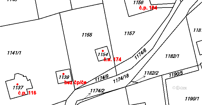 Všenory 174 na parcele st. 1154 v KÚ Všenory, Katastrální mapa