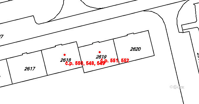 Týnské Předměstí 551,552, Domažlice na parcele st. 2619 v KÚ Domažlice, Katastrální mapa