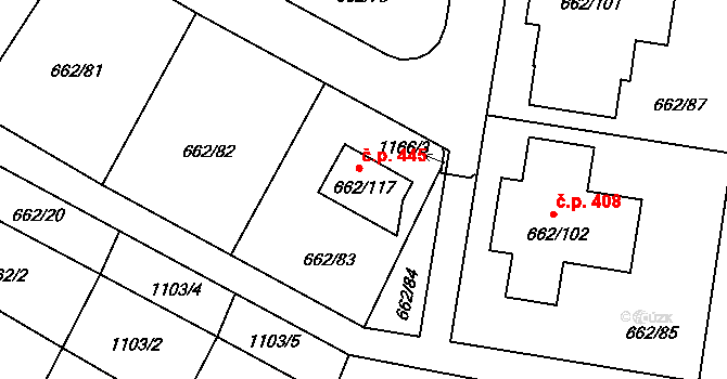 Lipůvka 445 na parcele st. 662/117 v KÚ Lipůvka, Katastrální mapa