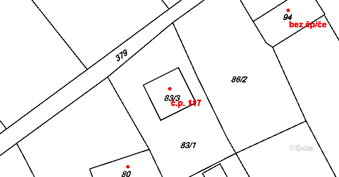 Čechovice 117, Velký Týnec na parcele st. 83/3 v KÚ Čechovice, Katastrální mapa