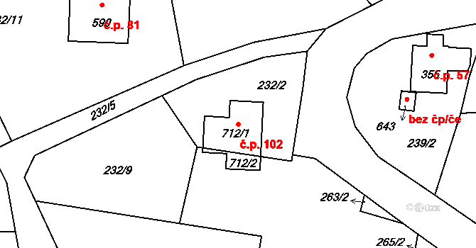 Skuhrov 102 na parcele st. 712/1 v KÚ Skuhrov u Železného Brodu, Katastrální mapa