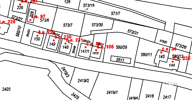 Čunín 105, Konice na parcele st. 147/2 v KÚ Čunín, Katastrální mapa