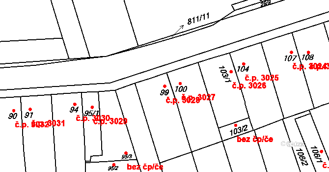 Znojmo 3028 na parcele st. 99 v KÚ Znojmo-Louka, Katastrální mapa