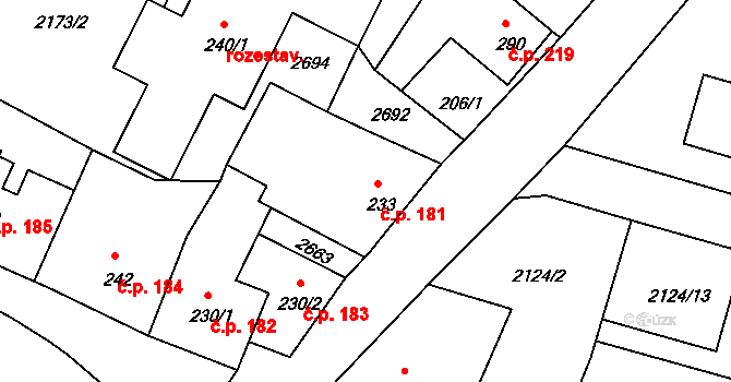 Hroznětín 181 na parcele st. 233 v KÚ Hroznětín, Katastrální mapa