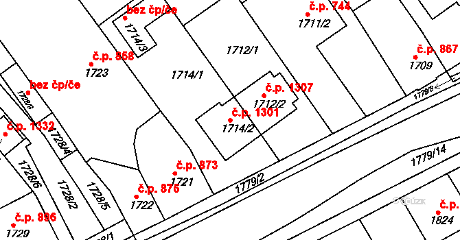 Slavíkovice 1301, Rousínov na parcele st. 1714/2 v KÚ Rousínov u Vyškova, Katastrální mapa