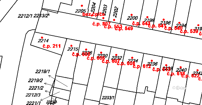 Slavkov u Brna 607 na parcele st. 2230 v KÚ Slavkov u Brna, Katastrální mapa