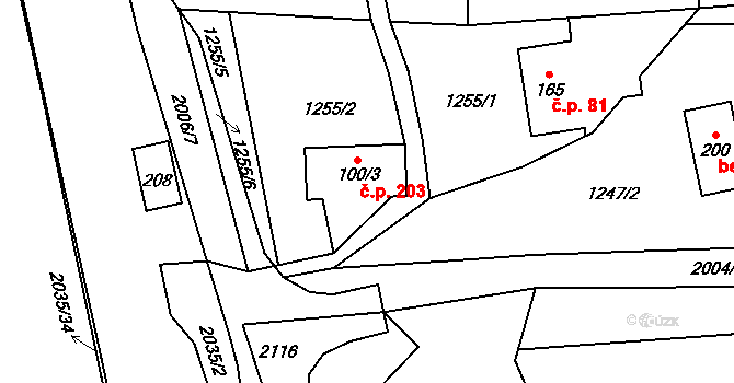Hrádek 203 na parcele st. 100/3 v KÚ Hrádek, Katastrální mapa