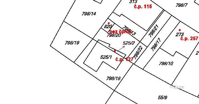 Cerhenice 127 na parcele st. 525/1 v KÚ Cerhenice, Katastrální mapa