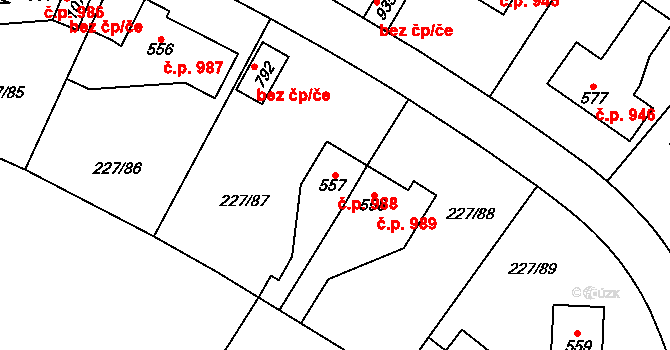 Švermov 988, Kladno na parcele st. 557 v KÚ Hnidousy, Katastrální mapa