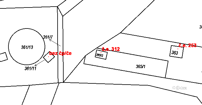 Seloutky 312 na parcele st. 365/2 v KÚ Seloutky, Katastrální mapa