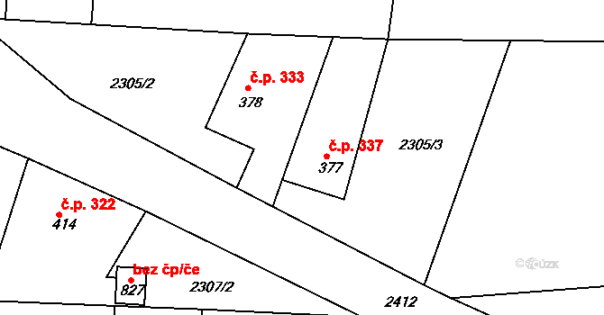 Hudlice 337 na parcele st. 377 v KÚ Hudlice, Katastrální mapa