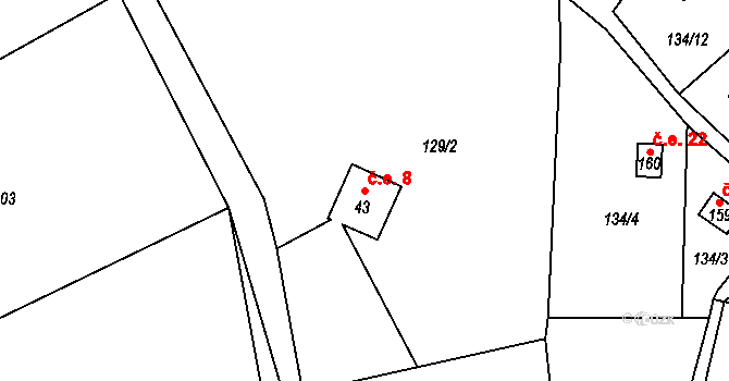 Břevenec 8, Šumvald na parcele st. 43 v KÚ Břevenec, Katastrální mapa