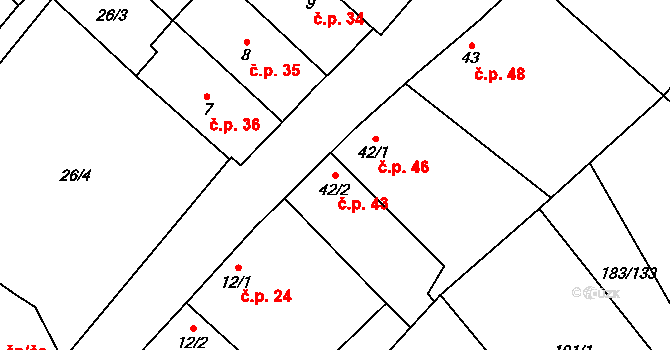 Červená Lhota 43, Bílá Lhota na parcele st. 42/2 v KÚ Červená Lhota u Řimic, Katastrální mapa