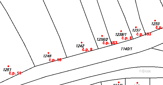 Velký Týnec 9 na parcele st. 1242 v KÚ Velký Týnec, Katastrální mapa