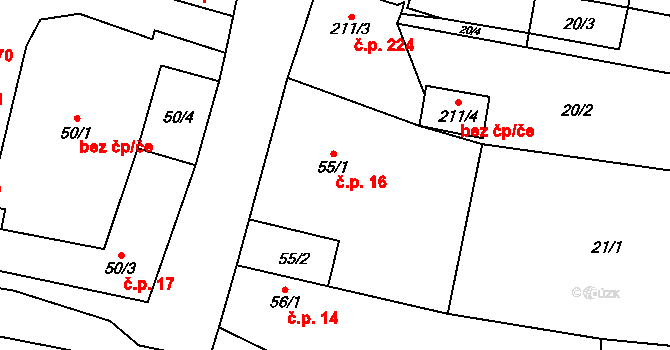 Bohušovice nad Ohří 16 na parcele st. 55/1 v KÚ Bohušovice nad Ohří, Katastrální mapa