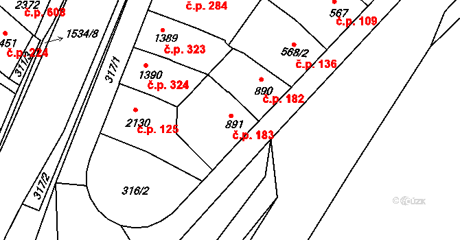 Stařečka 183, Třebíč na parcele st. 891 v KÚ Třebíč, Katastrální mapa