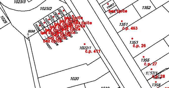 Obřany 411, Brno na parcele st. 1022/1 v KÚ Obřany, Katastrální mapa