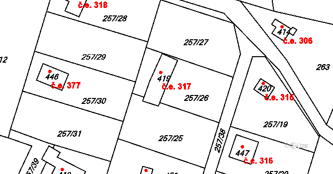 Mukařov 317, Malá Skála na parcele st. 419 v KÚ Mukařov u Jablonce nad Nisou, Katastrální mapa